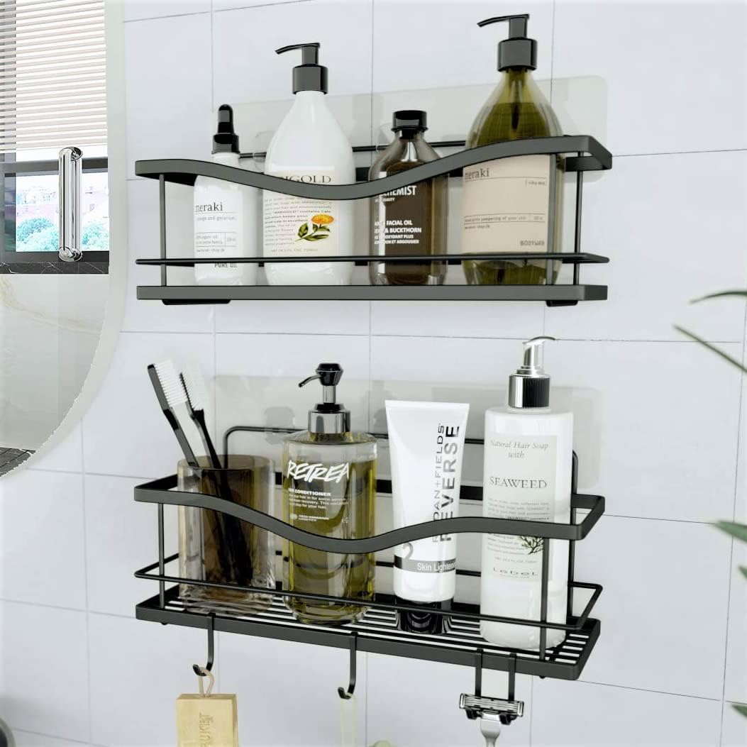 KINCMAX premium shower caddy with self-adhesive mount for easy setup and rustproof storage.