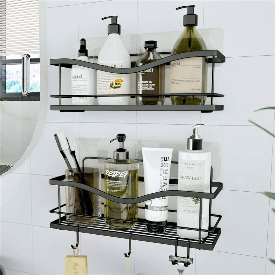 KINCMAX premium shower caddy with self-adhesive mount for easy setup and rustproof storage.