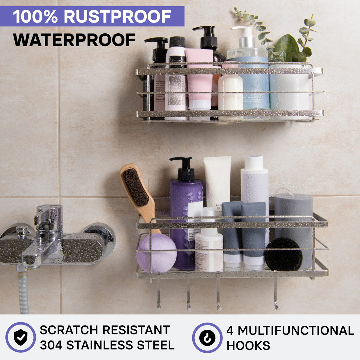 Close-up of KINCMAX self-adhesive caddy showing rustproof stainless steel finish
