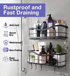 KINCMAX shower shelves with four hooks offer flexible hanging space.