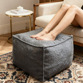 Kinevoli Square Bouclé Pouf Ottoman in soft fabric, perfect as a footrest or casual seat.