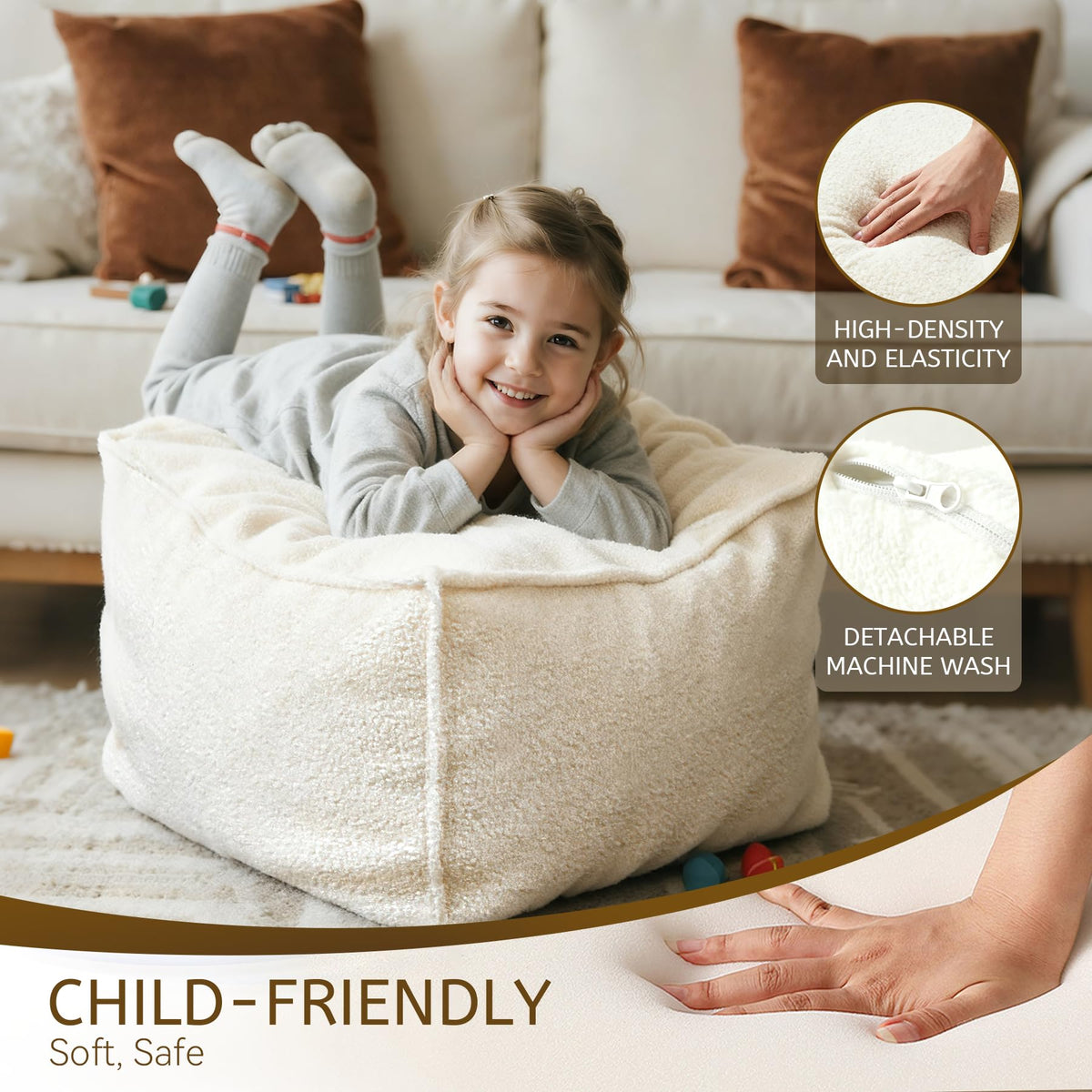 Kinevoli Square Pouf Lightweight Design makes repositioning effortless in busy homes.