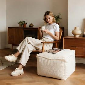 Kinevoli Square Pouf Removable Cover simplifies cleaning with machine washable bouclé.