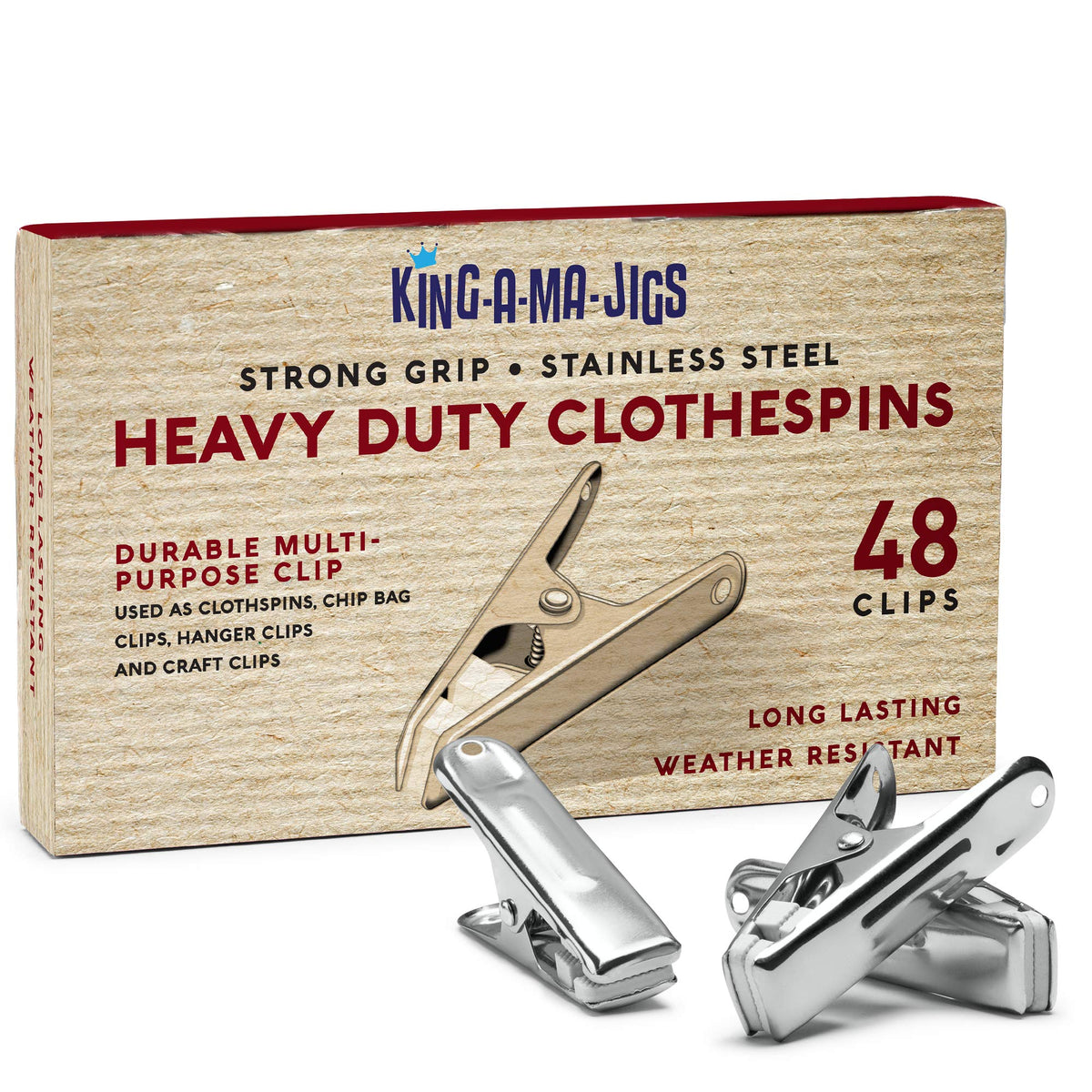 King-A-Ma-Jigs stainless steel clothespins securing laundry with strong grip