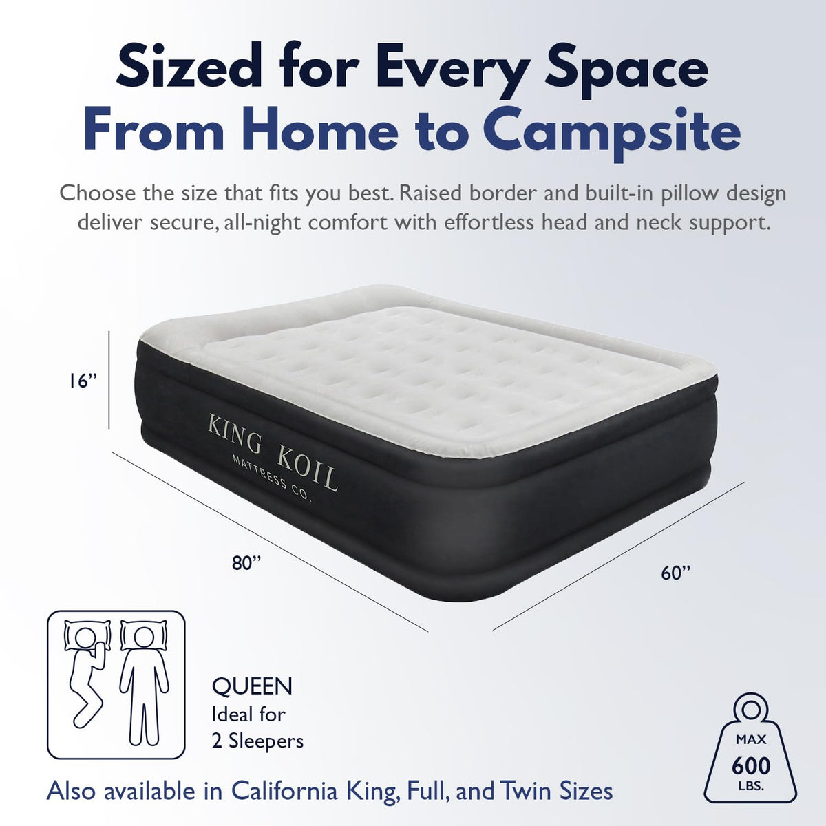 King Koil 16in queen black airbed side view highlighting sturdy support