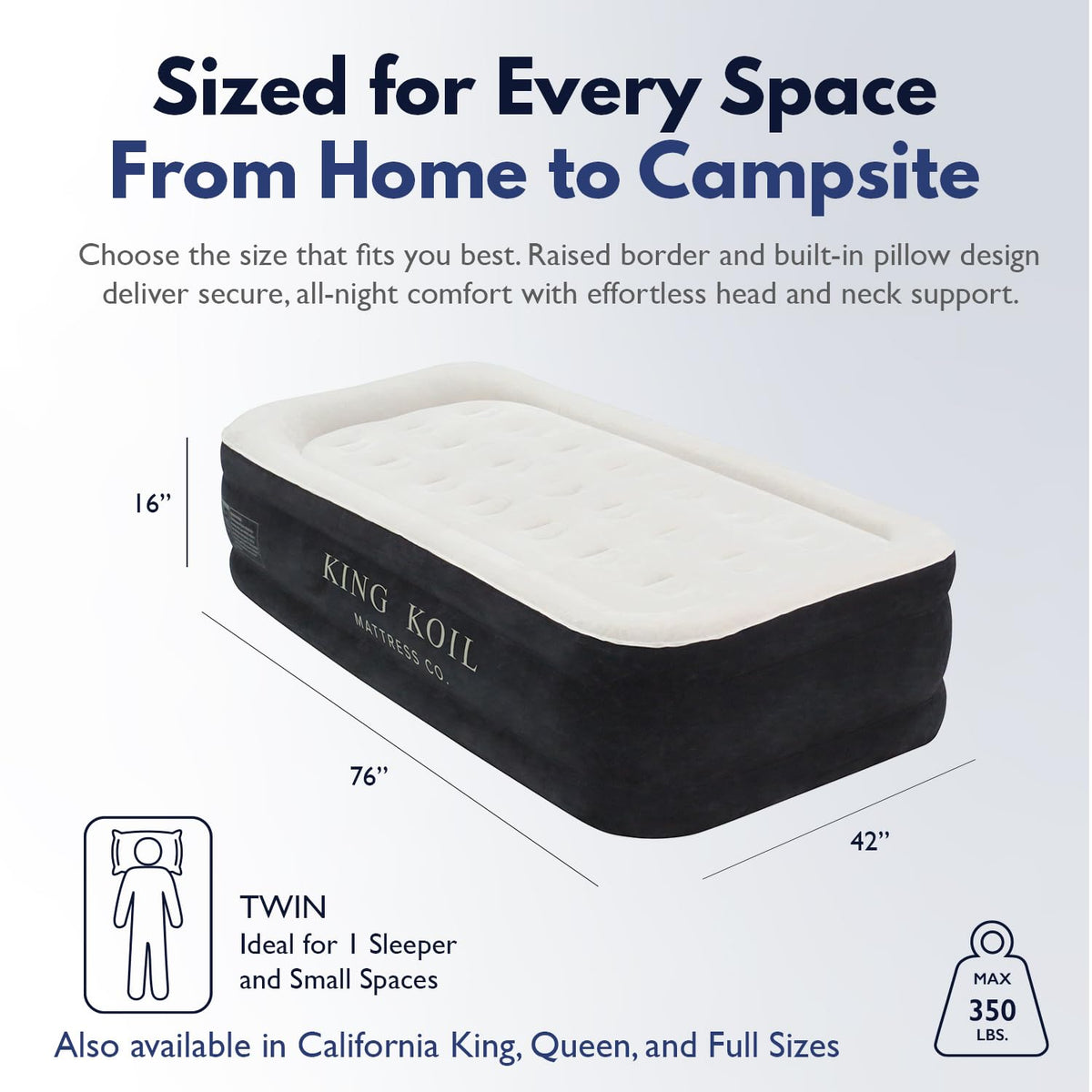 King Koil built-in pump inflates quickly for effortless camping setup.