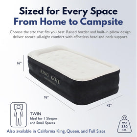 King Koil built-in pump inflates quickly for effortless camping setup.