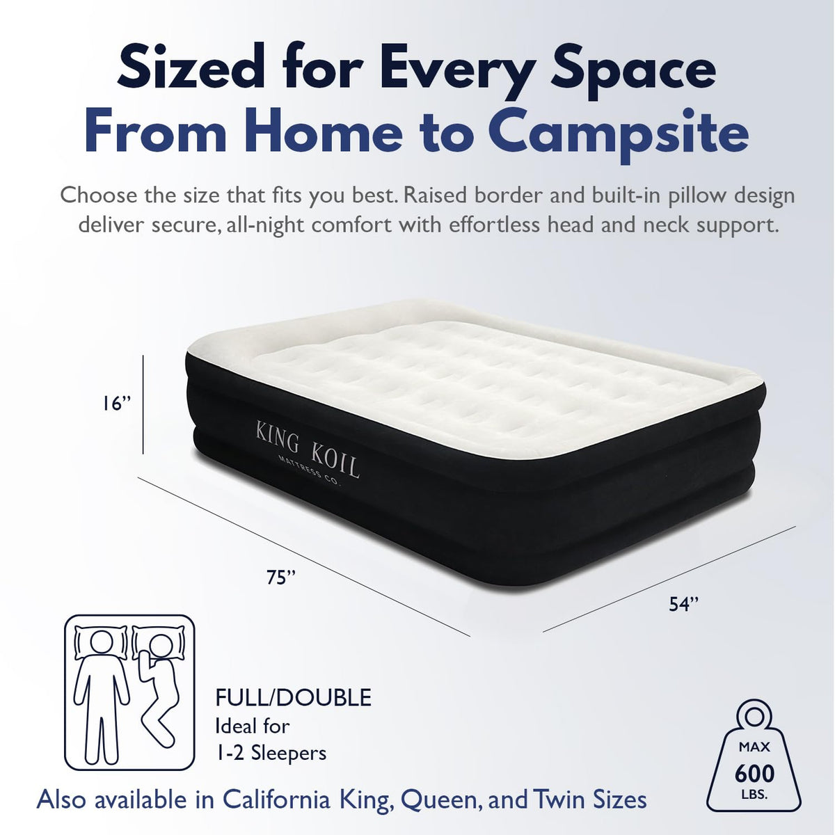 King Koil fast inflation with built-in pump inflates in under two minutes.