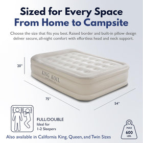 King Koil luxury air mattress full-size 75x54x20 provides stable support for guests.