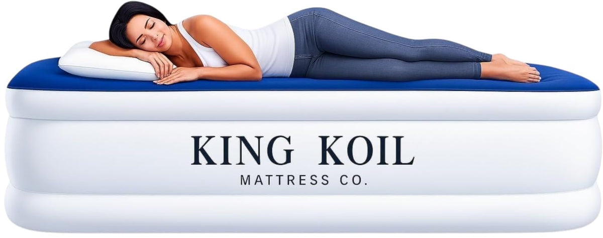 King Koil luxury air mattress with built-in pump and top, ideal for quick guest setups.