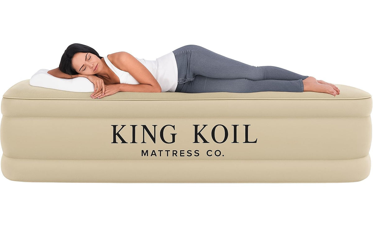 King Koil luxury queen air mattress with built-in pump for quick setup and plush comfort.