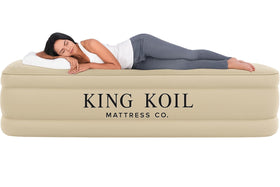King Koil luxury queen air mattress with built-in pump for quick setup and plush comfort.