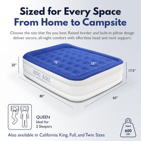 King Koil Luxury Queen Air Mattress built-in pump inflates quickly for easy setup.