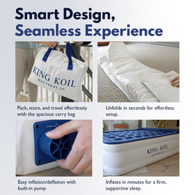 King Koil twin air mattress suited for camping on rugged terrain with sturdy surface.