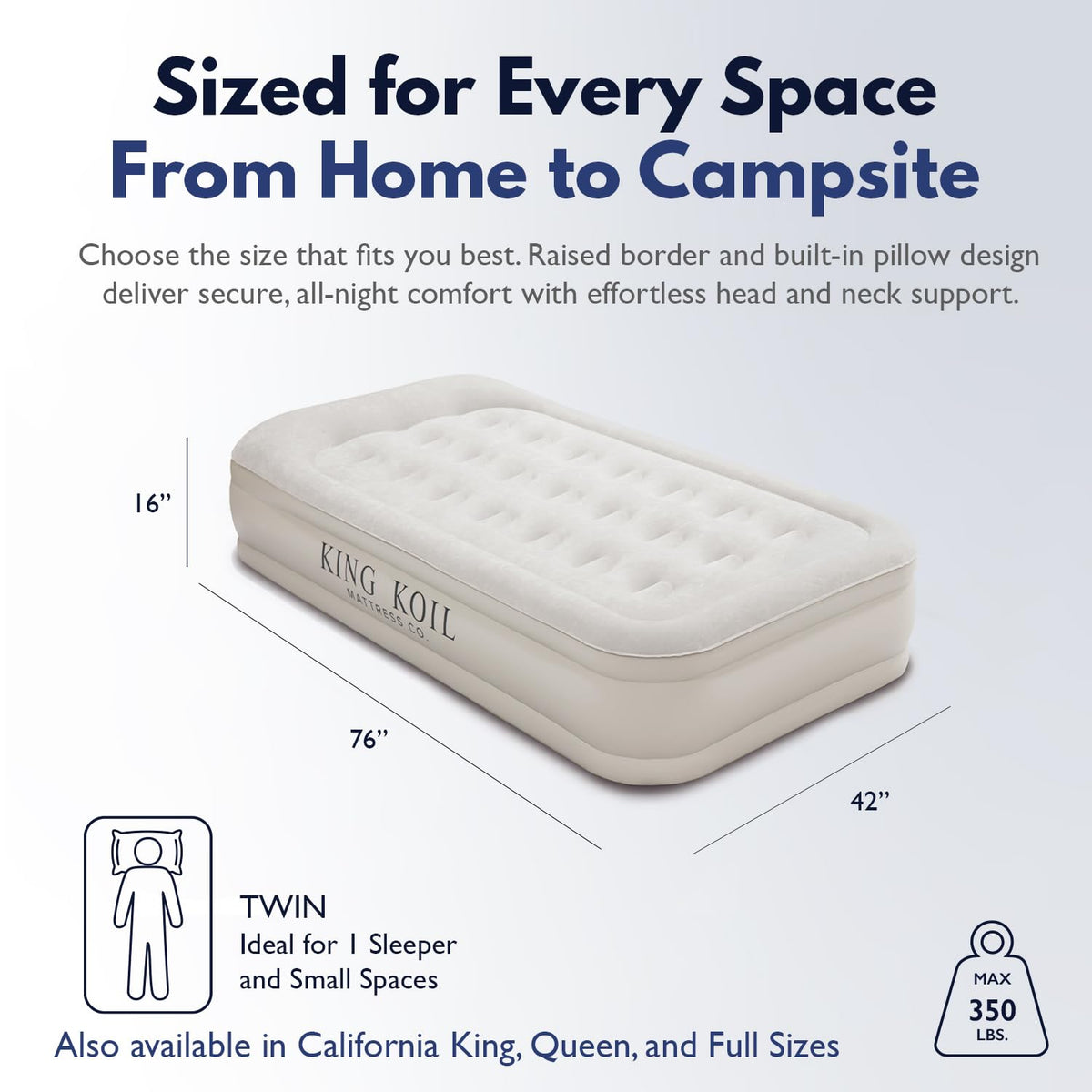 King Koil twin air mattress showing coil-beam construction for stable support