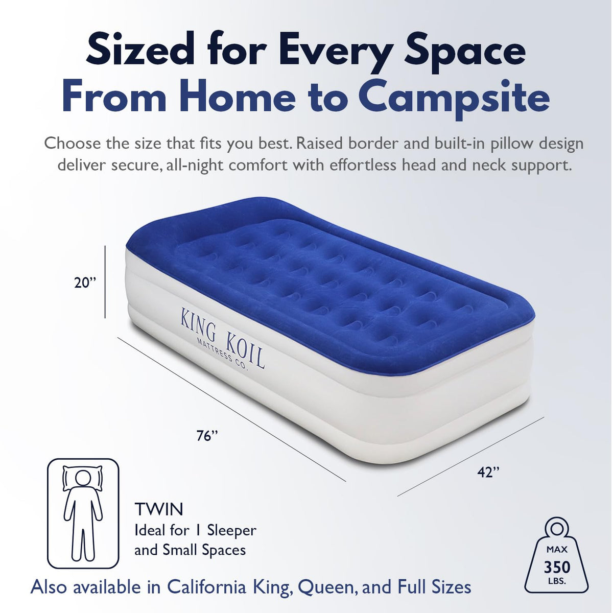 King Koil twin air mattress shows integrated high-speed pump for quick setup.