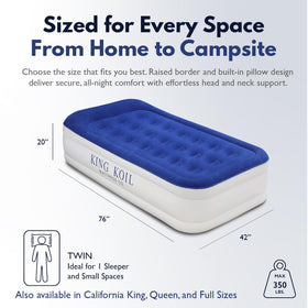 King Koil twin air mattress shows integrated high-speed pump for quick setup.