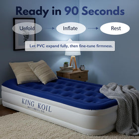 Portable, space-saving design of King Koil twin air mattress for easy storage.