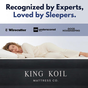 King Koil packaging highlights warranty and ready-to-use convenience