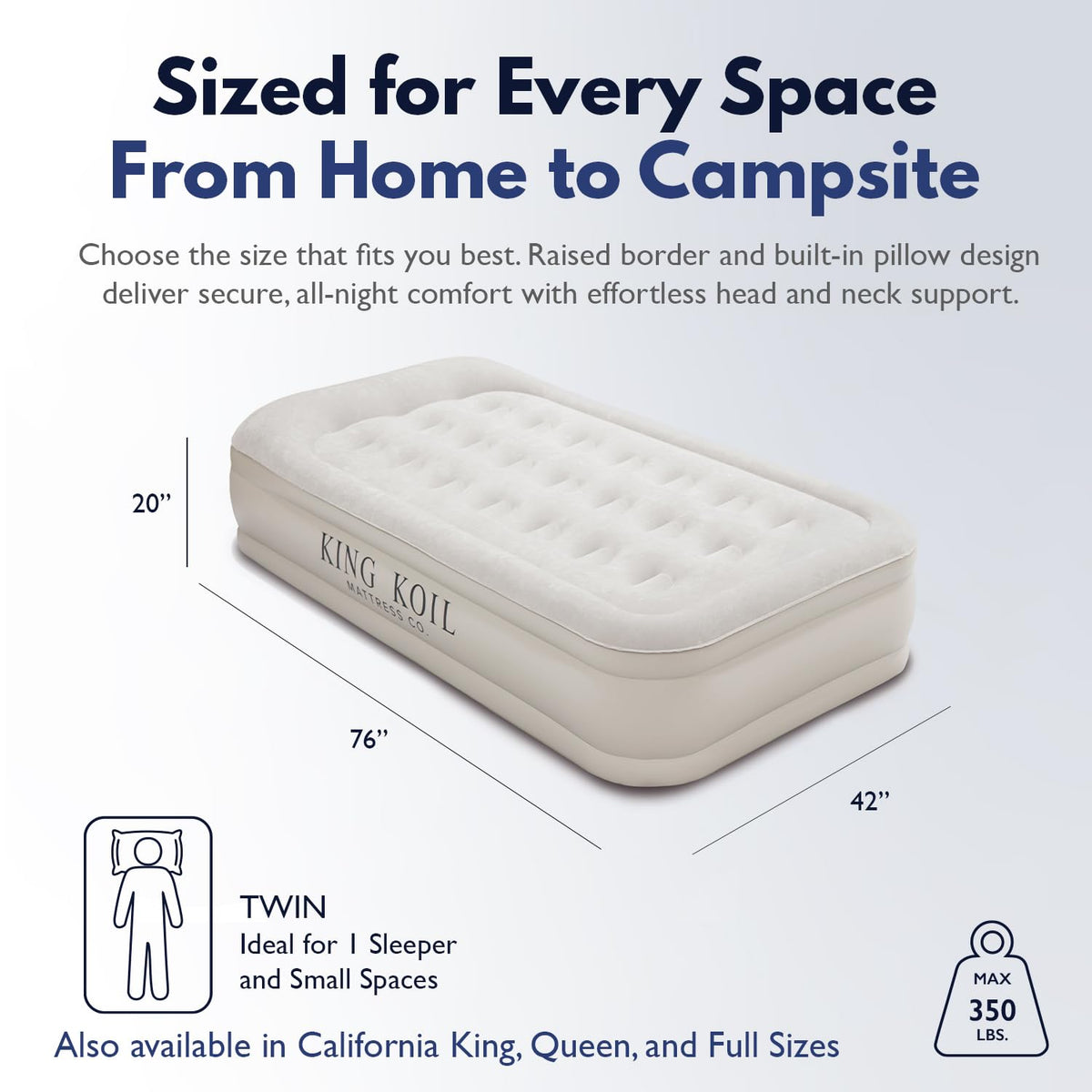 Built-in pump inflates to King Koil twin air mattress in about 60 seconds.