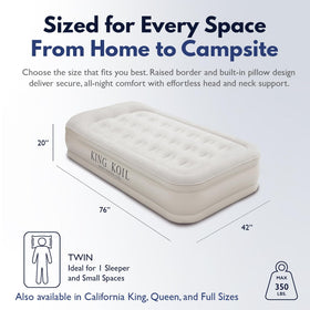 Built-in pump inflates to King Koil twin air mattress in about 60 seconds.