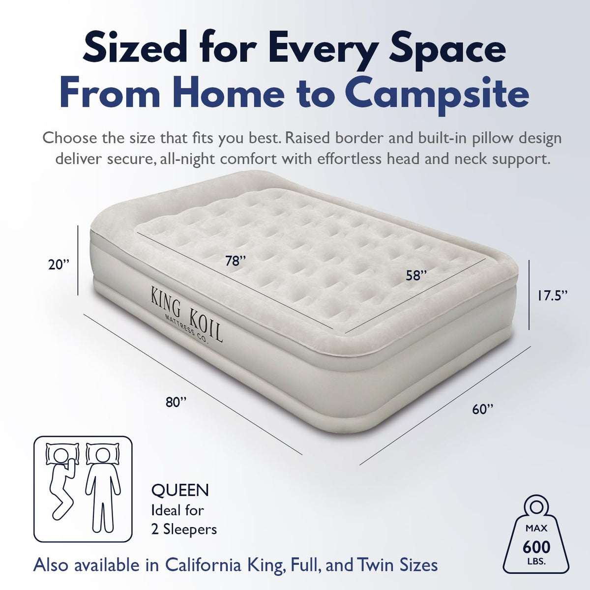 Queen airbed with pillow-top head support, ideal for guests and home camping.