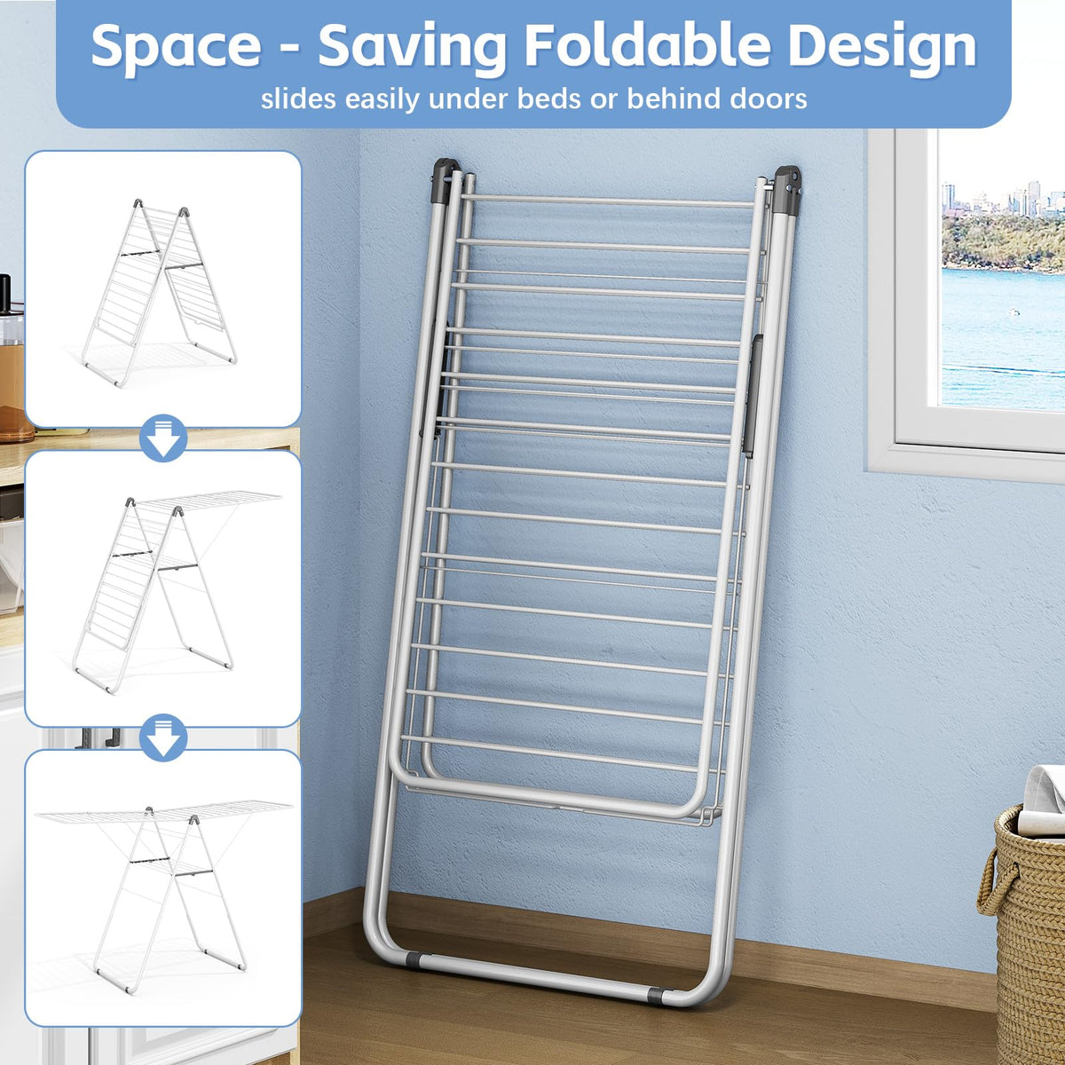 KINGBOARD height-adjustable wings support clothing of varying lengths for even drying.