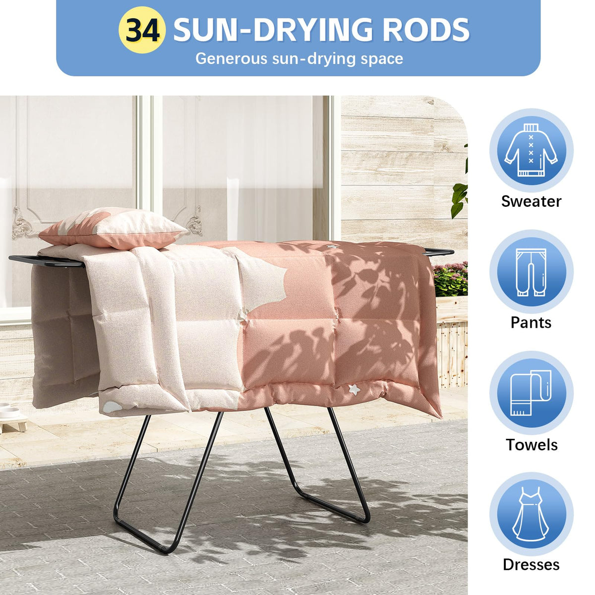 KINGBOARD metal laundry rack for indoor or outdoor use, sturdy and weather-friendly.