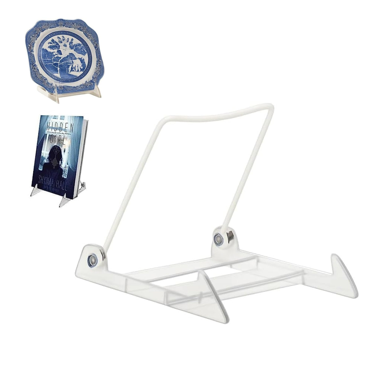 Kingdom Solutions USA-made adjustable acrylic easel displaying a plate for stylish kitchen display.