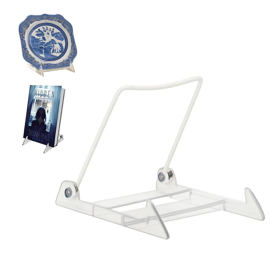 Kingdom Solutions USA-made adjustable acrylic easel displaying a plate for stylish kitchen display.