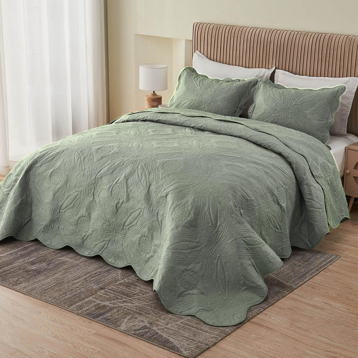 Kingnex oversized king bedspread 128x120 on bed, reaching floor for tall mattresses