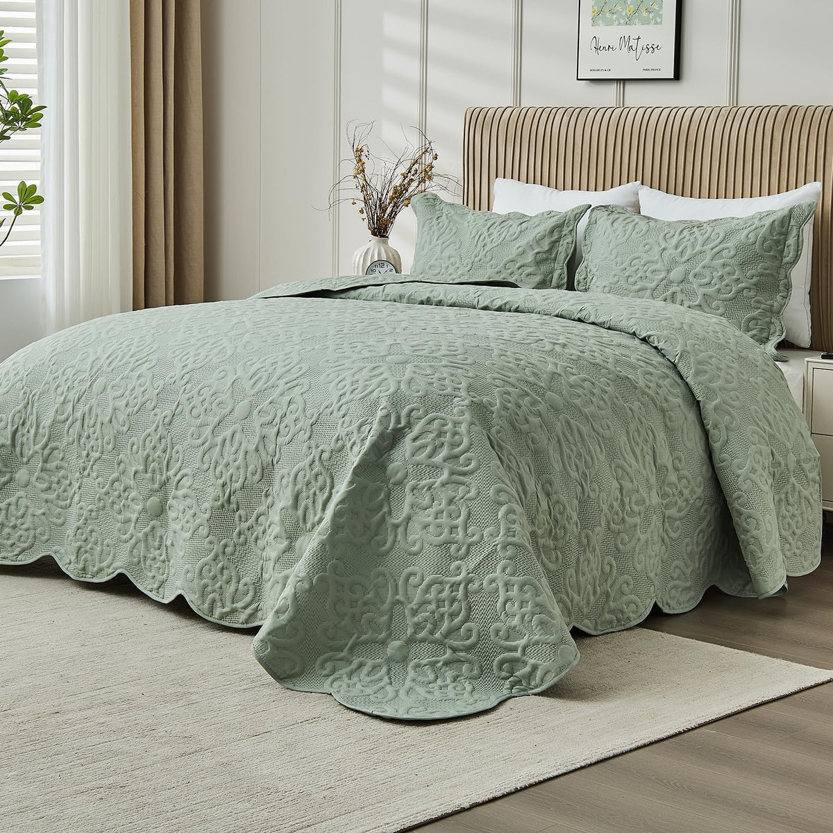 Kingnex oversized king bedspread 128x120 on bed, ideal for tall mattresses.
