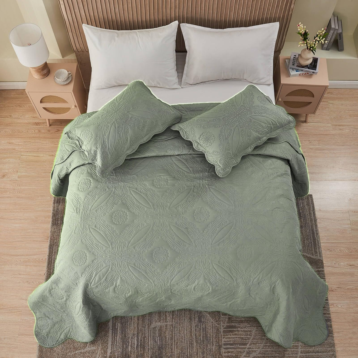 Kingnex sage color bedspread for calming bedroom styling