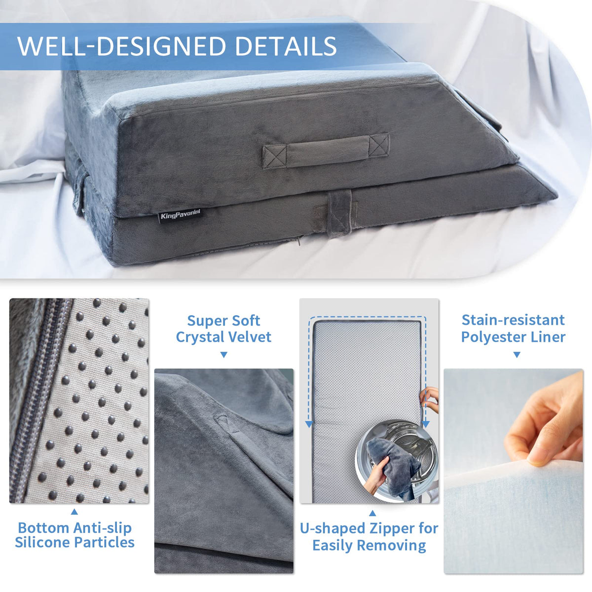 KingPavonini washable velvet cover keeps the pillow clean and inviting