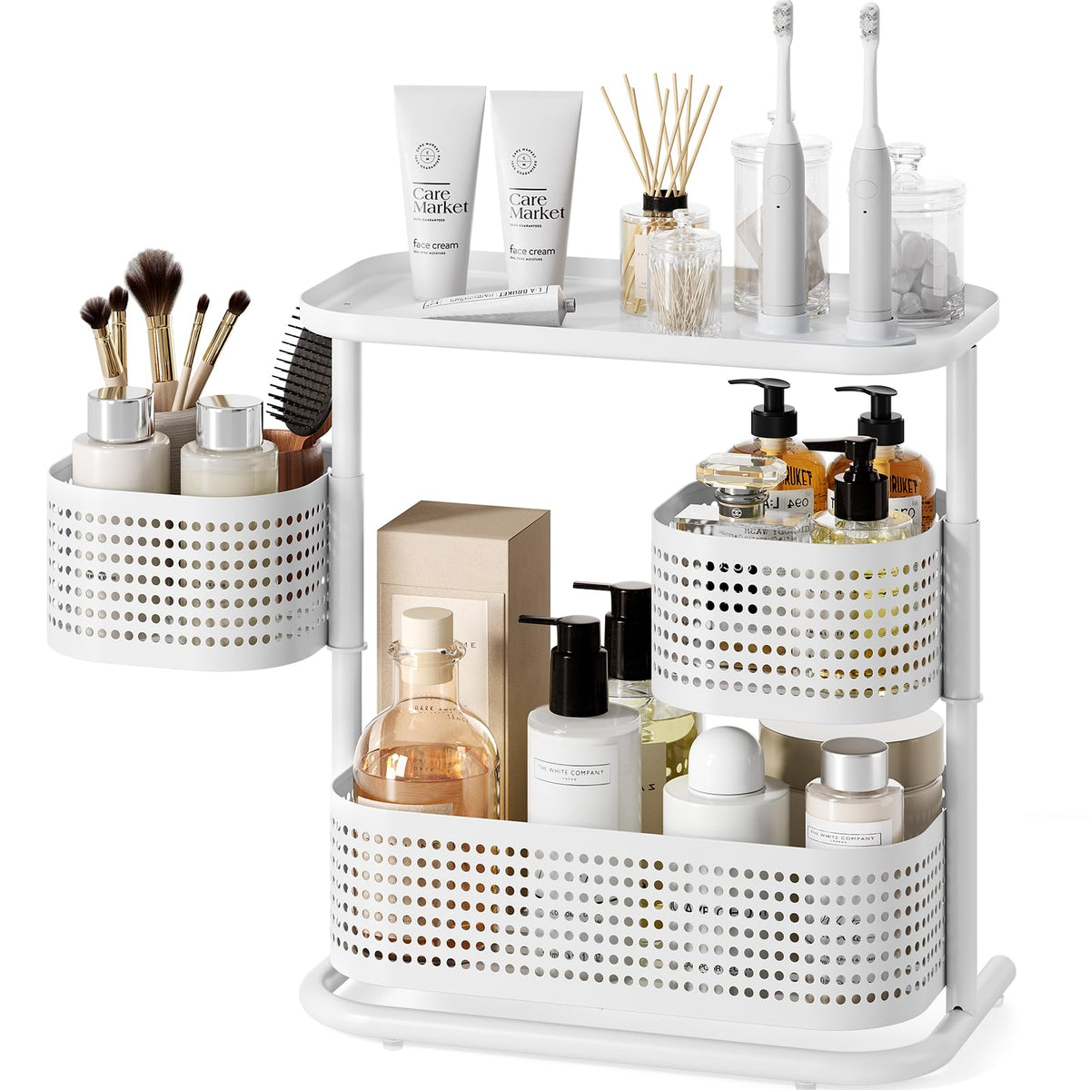 Kingrack 3-tier rotating bathroom organizer displaying easy reach to toiletries, reducing clutter
