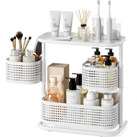 Kingrack 3-tier rotating bathroom organizer displaying easy reach to toiletries, reducing clutter