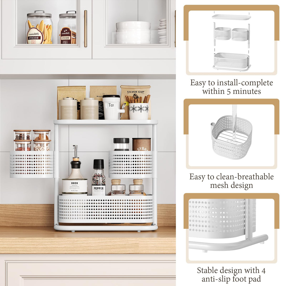Kingrack stainless steel organizer on counter demonstrates sturdy, rust-resistant storage