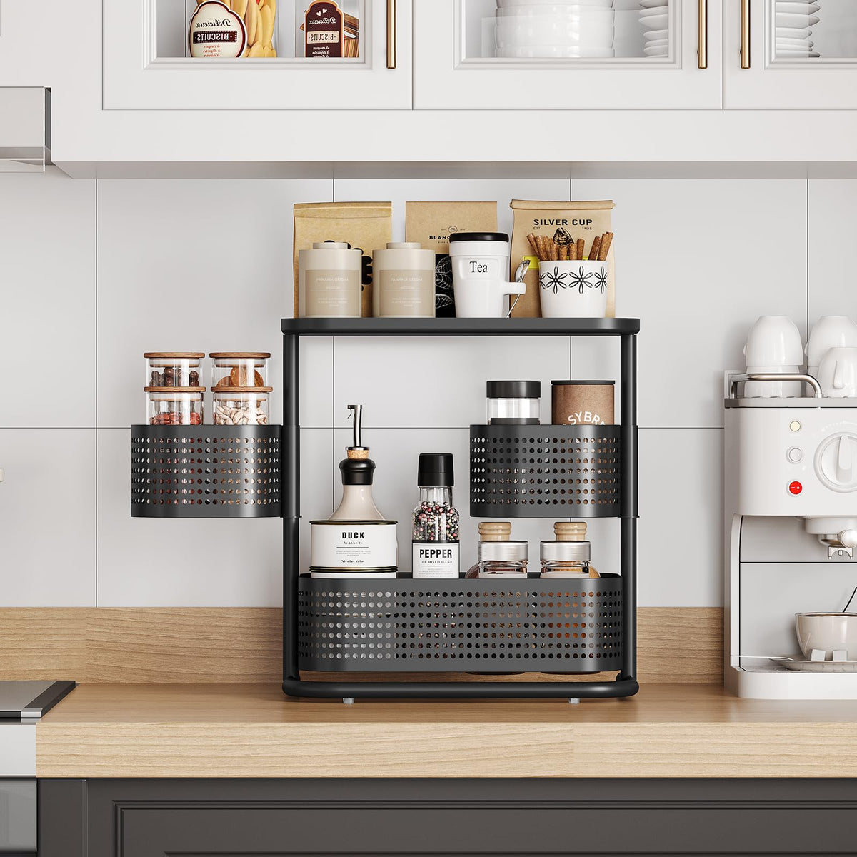 Kingrack three-tier design saves counter space while keeping items accessible.