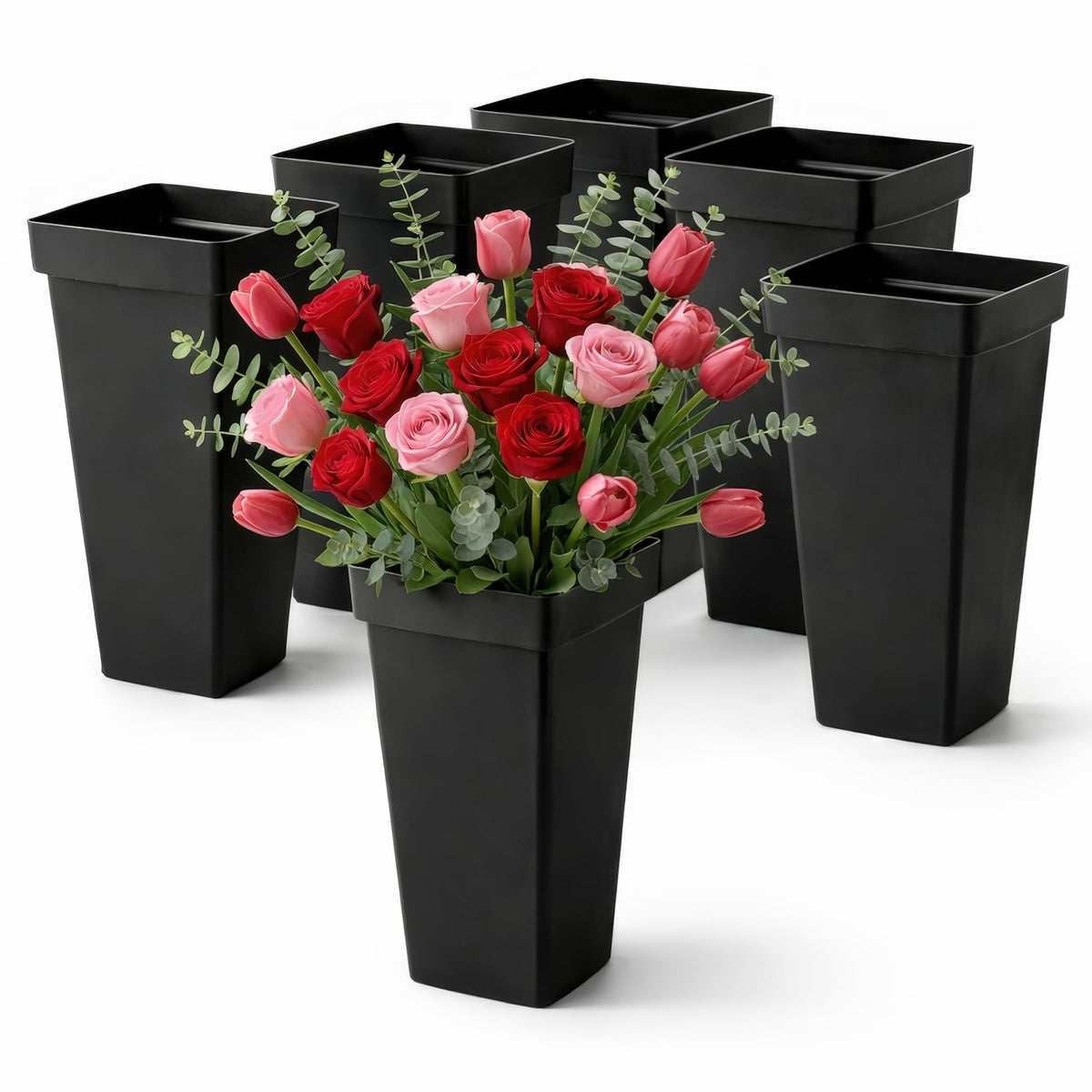 Kingrol 6-pack tall black square flower buckets for stable centerpieces.