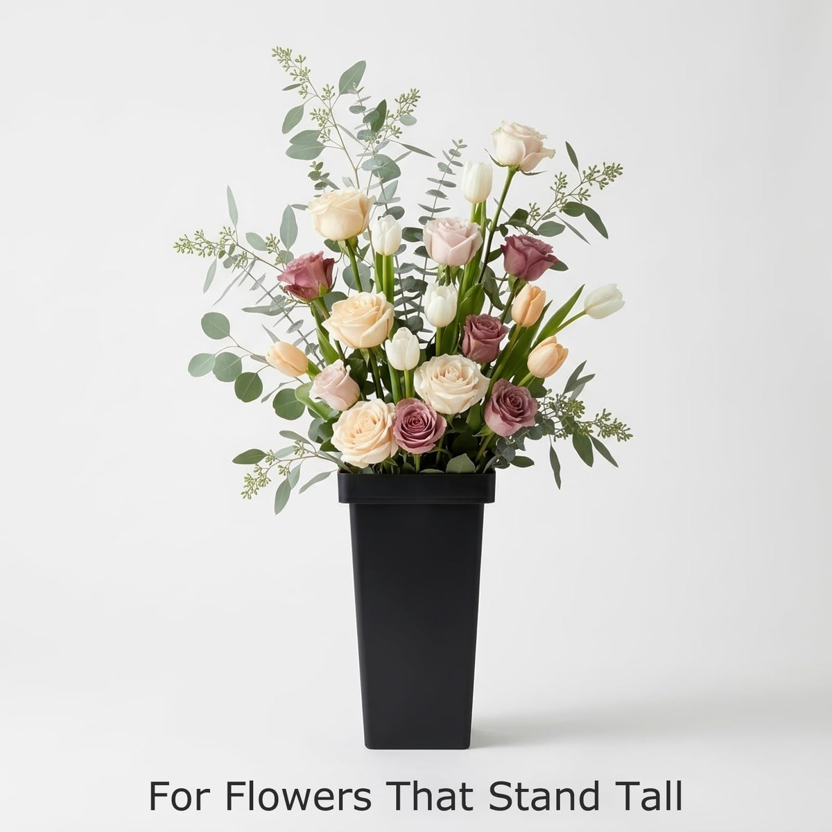 Kingrol angled shot of tall black square flower buckets shows durable, leak-proof design.
