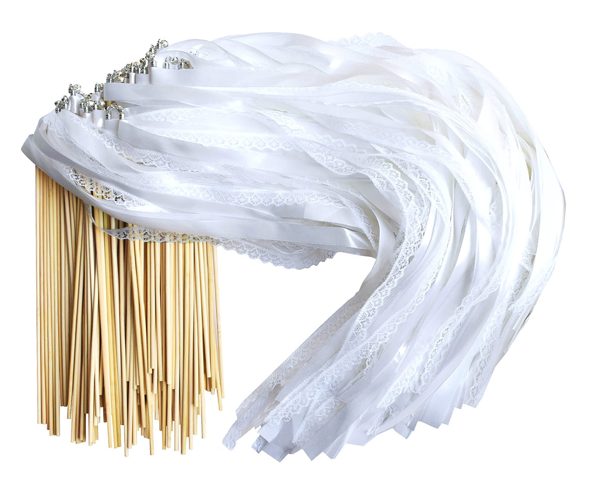 Kingsnow ribbon wands with triple ribbons and a silver bell for elegant ceremony exits.