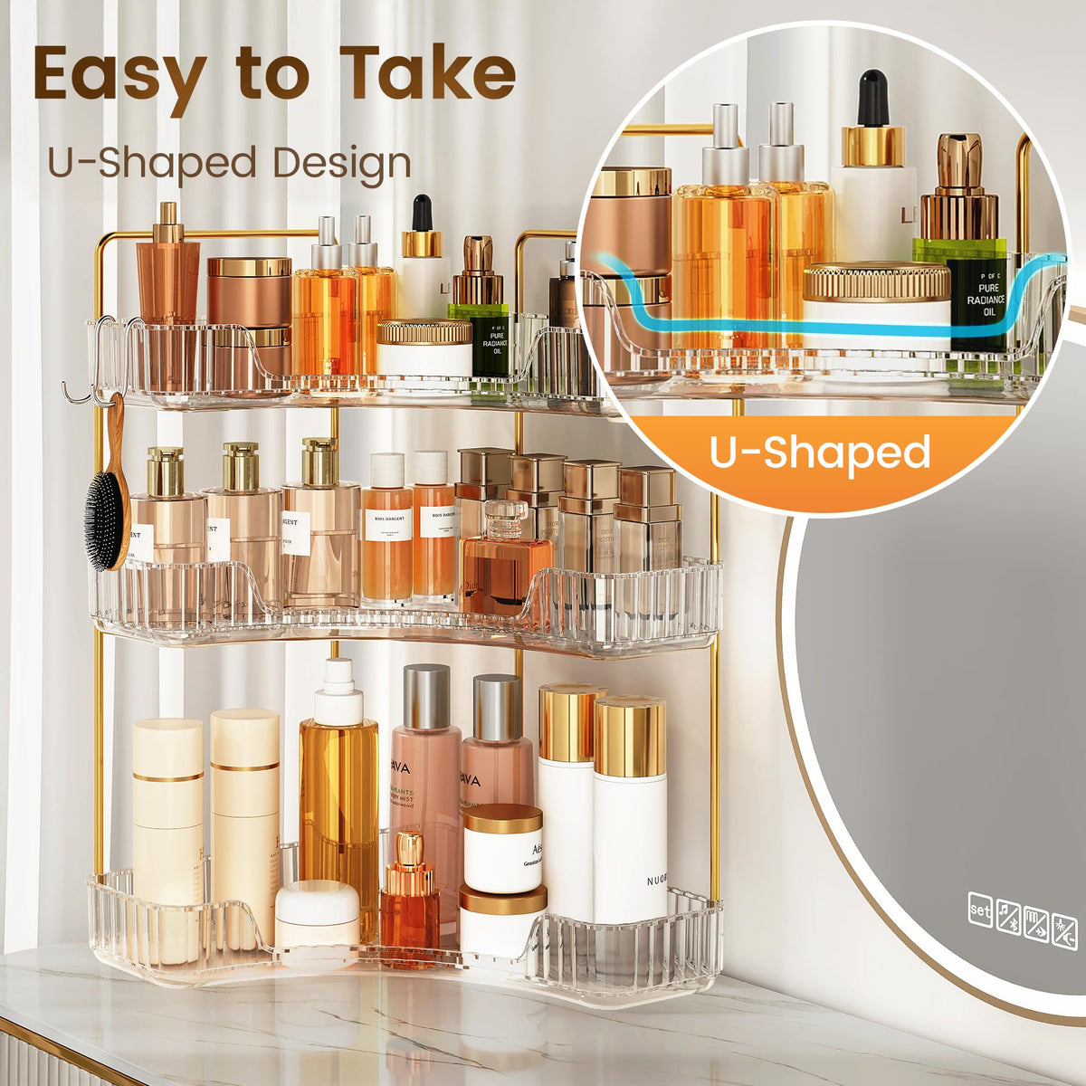 Kinkota compact dresser countertop setup with organized cosmetics within reach
