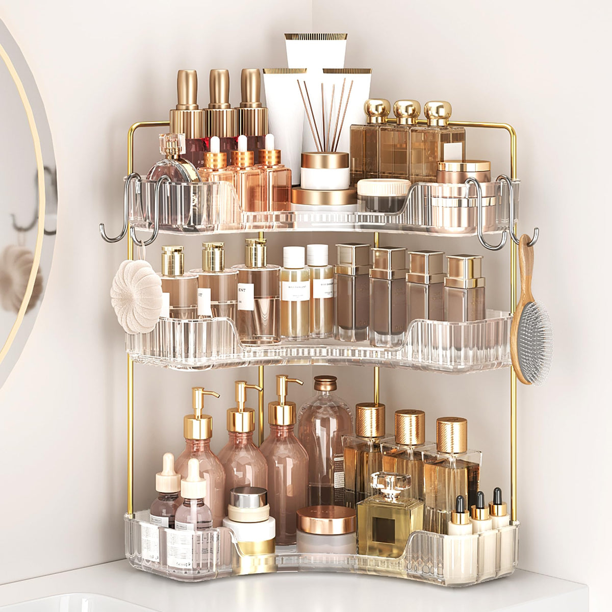 Kinkota corner bathroom organizer 3-Tier displays makeup and skincare neatly in a corner