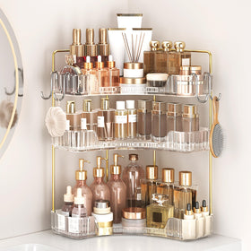 Kinkota corner bathroom organizer 3-Tier displays makeup and skincare neatly in a corner