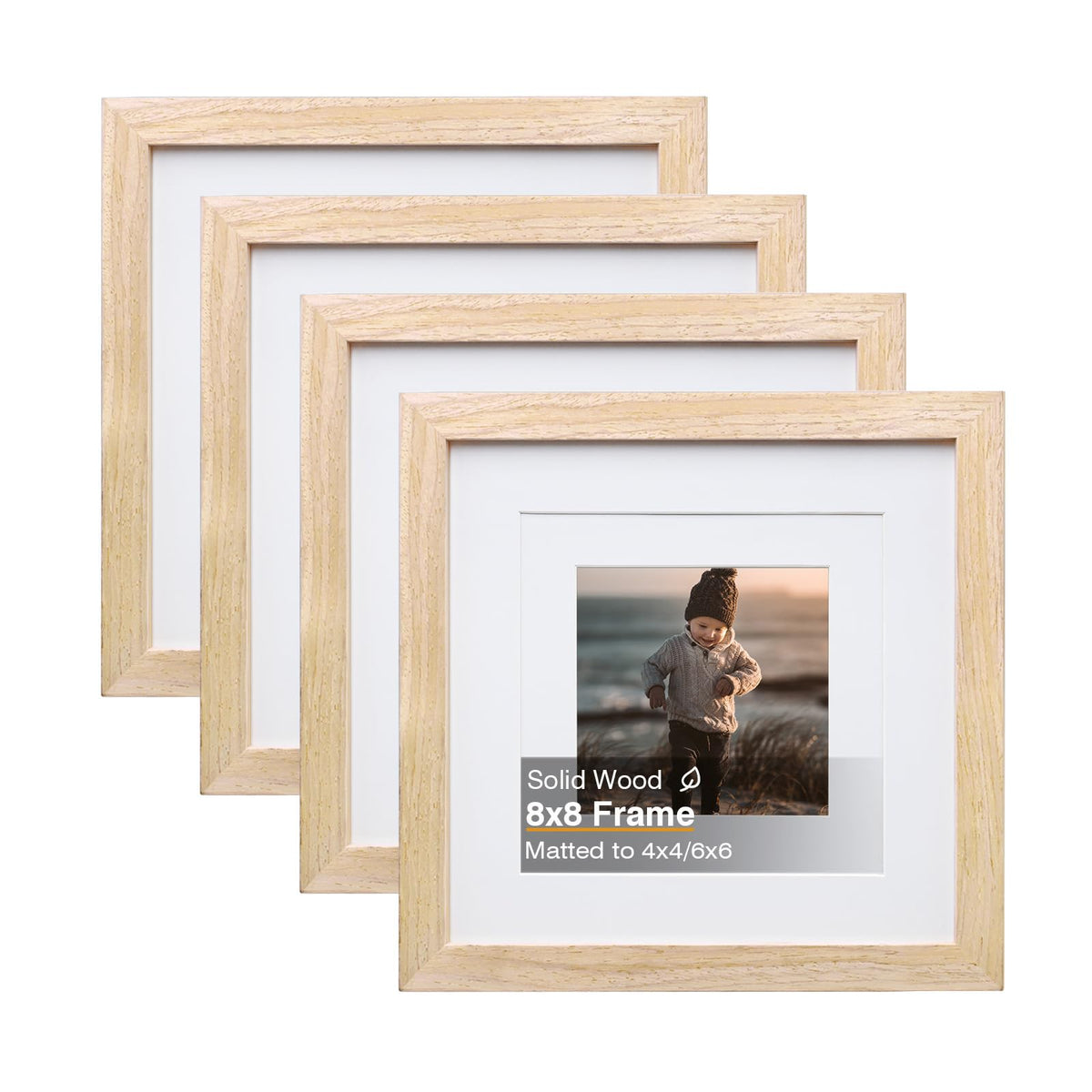 KINLINK 8x8 natural wood frame front view, clear acrylic and warm wood tone.