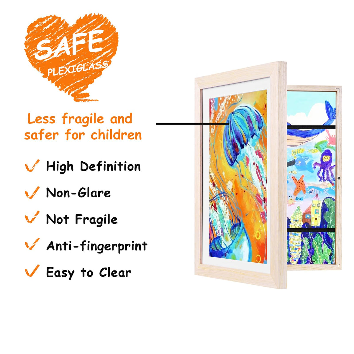 Solid wood Kinlink frame with clear acrylic front protects art