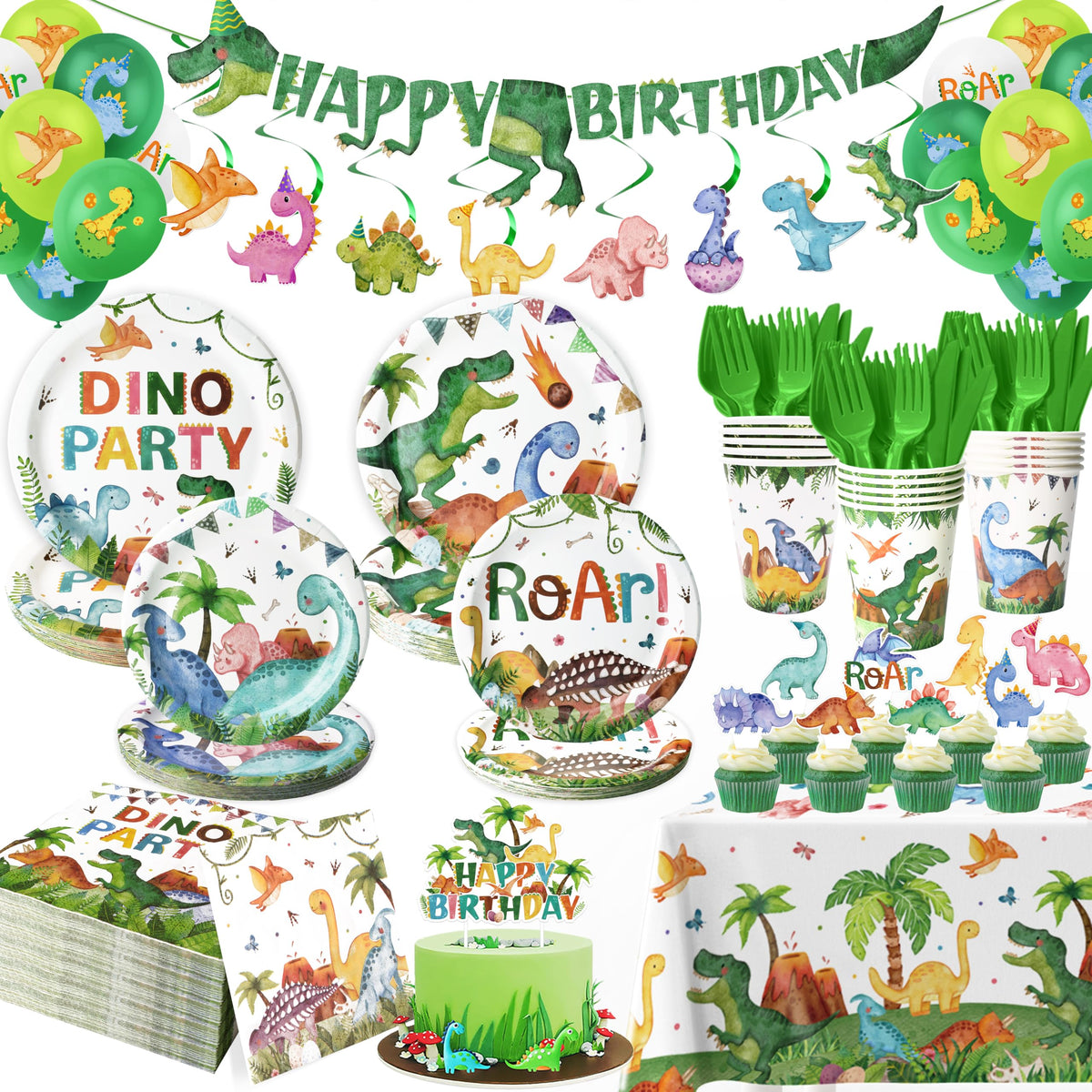 Kinovo 189-Pcs Dinosaur Party Kit banner for festive birthday decor and photo moments.