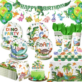 Kinovo 189-Pcs Dinosaur Party Kit banner for festive birthday decor and photo moments.