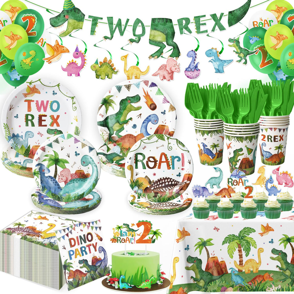 Kinovo 2-Rex banner enhances dinosaur party decor and photo moments.