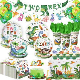 Kinovo 2-Rex banner enhances dinosaur party decor and photo moments.